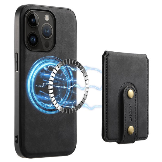 DENIOR D14 For iPhone 14 Pro Case Retro Leather Coated PC+TPU Kickstand Phone Cover Magnetic Detachable - Black