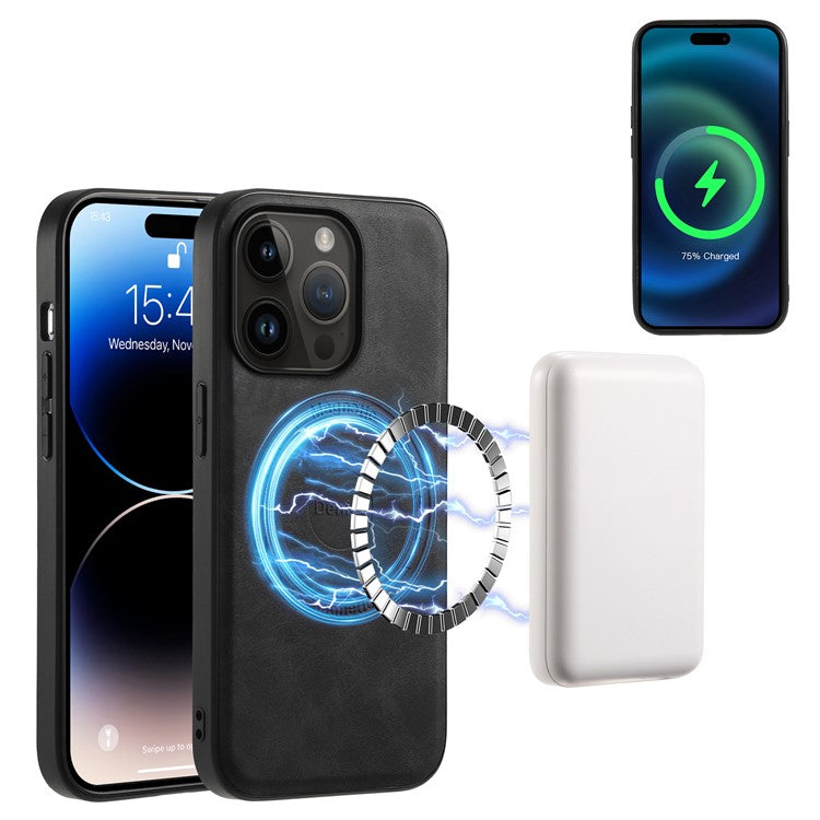 DENIOR D14 For iPhone 14 Pro Case Retro Leather Coated PC+TPU Kickstand Phone Cover Magnetic Detachable - Black