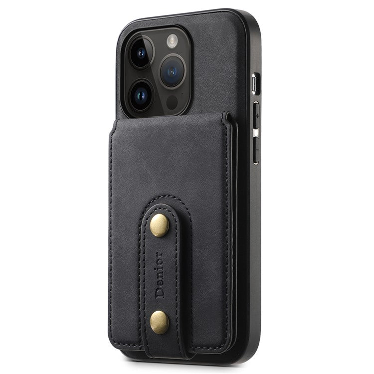 DENIOR D14 For iPhone 14 Pro Case Retro Leather Coated PC+TPU Kickstand Phone Cover Magnetic Detachable - Black