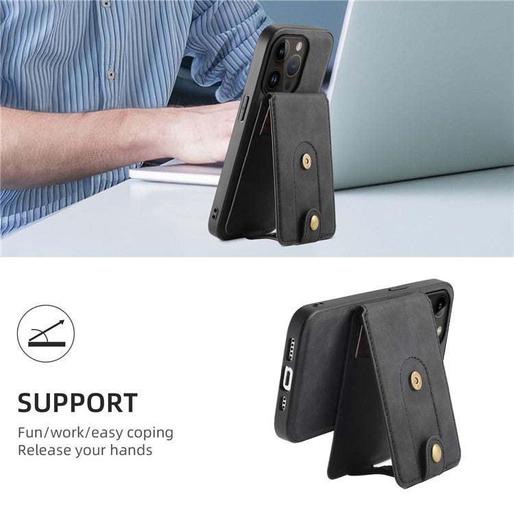 DENIOR D14 For iPhone 14 Pro Case Retro Leather Coated PC+TPU Kickstand Phone Cover Magnetic Detachable - Black