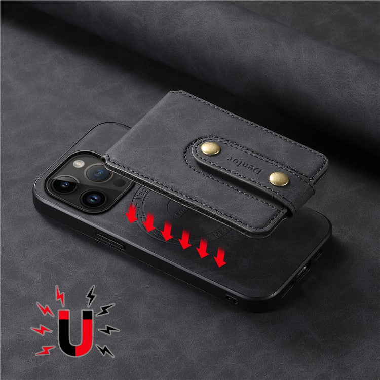 DENIOR D14 For iPhone 14 Pro Case Retro Leather Coated PC+TPU Kickstand Phone Cover Magnetic Detachable - Black