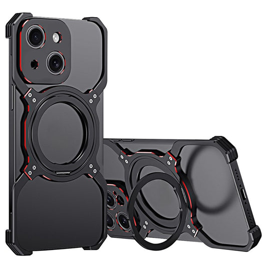 For iPhone 14 Magnetic Case Rotary Kickstand Frameless Metal Phone Bumper Cover - Black+Red