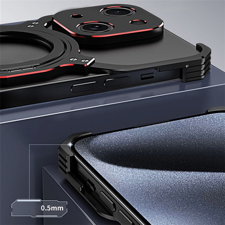 For iPhone 14 Magnetic Case Rotary Kickstand Frameless Metal Phone Bumper Cover - Black+Red