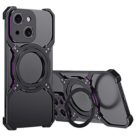For iPhone 14 Magnetic Case Rotary Kickstand Frameless Metal Phone Bumper Cover - Black+Purple