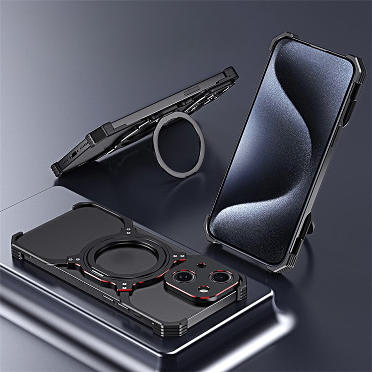 For iPhone 14 Magnetic Case Rotary Kickstand Frameless Metal Phone Bumper Cover - Black+Purple
