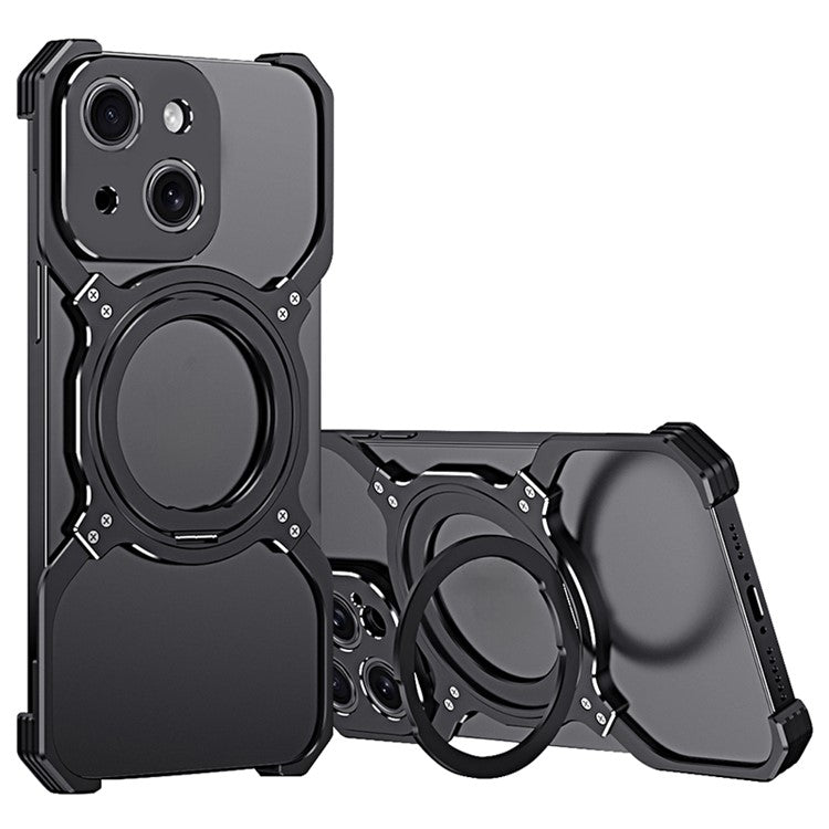 For iPhone 14 Magnetic Case Rotary Kickstand Frameless Metal Phone Bumper Cover - Black+Silver