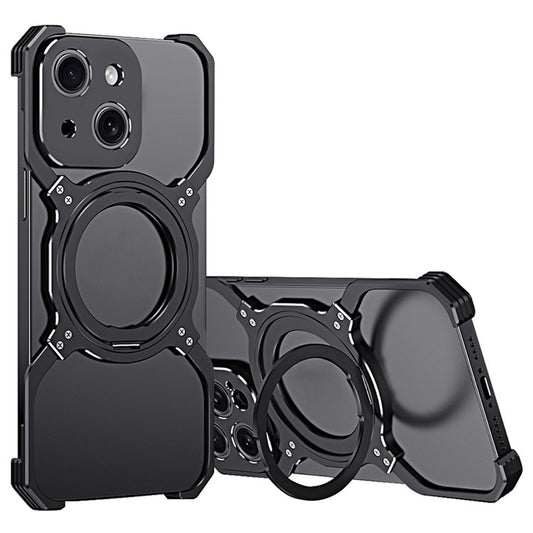 For iPhone 14 Magnetic Case Rotary Kickstand Frameless Metal Phone Bumper Cover - Black+Silver
