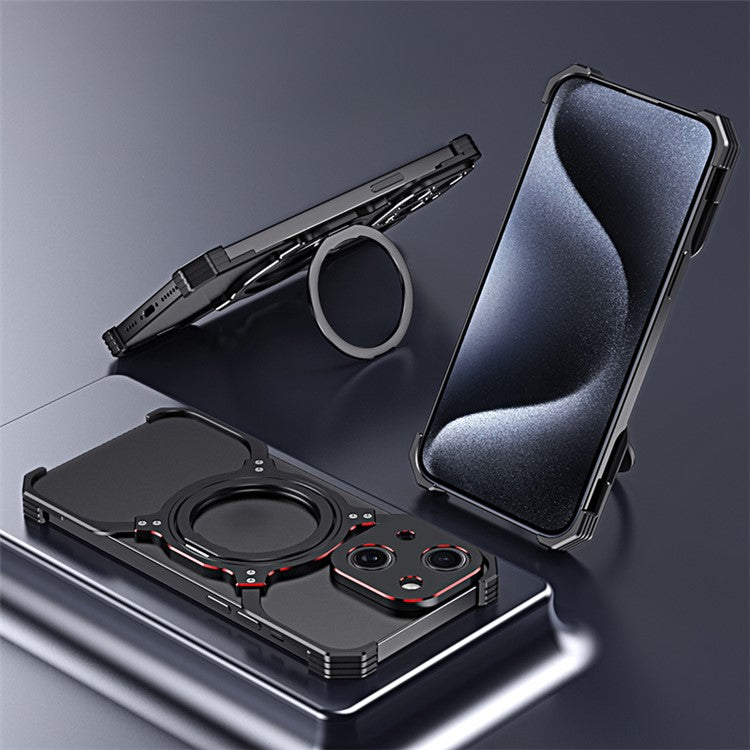 For iPhone 14 Magnetic Case Rotary Kickstand Frameless Metal Phone Bumper Cover - Black+Silver