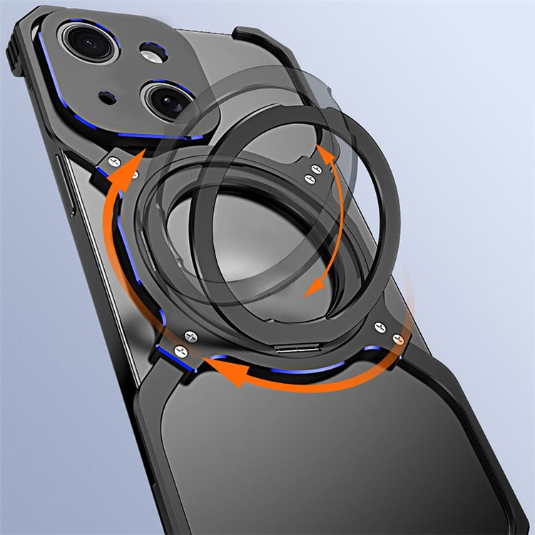 For iPhone 14 Magnetic Case Rotary Kickstand Frameless Metal Phone Bumper Cover - Black+Silver