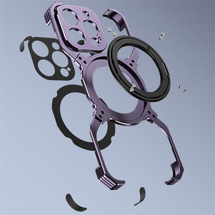 For iPhone 14 Magnetic Case Rotary Kickstand Frameless Metal Phone Bumper Cover - Black+Silver