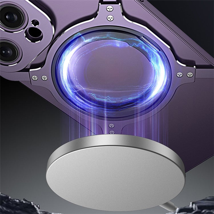 For iPhone 14 Magnetic Case Rotary Kickstand Frameless Metal Phone Bumper Cover - Black+Silver