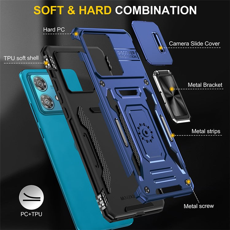 Armor Series For Motorola Edge 40 Neo 5G Case PC+TPU Phone Cover with Kickstand / Lens Shield - Navy Blue