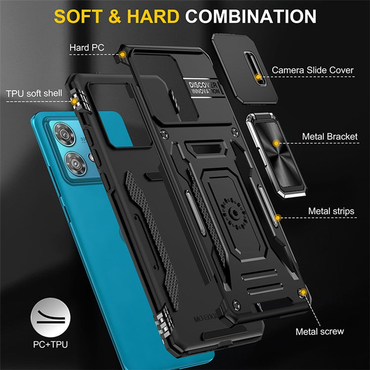 Armor Series For Motorola Edge 40 Neo 5G Case PC+TPU Phone Cover with Kickstand / Lens Shield - Black