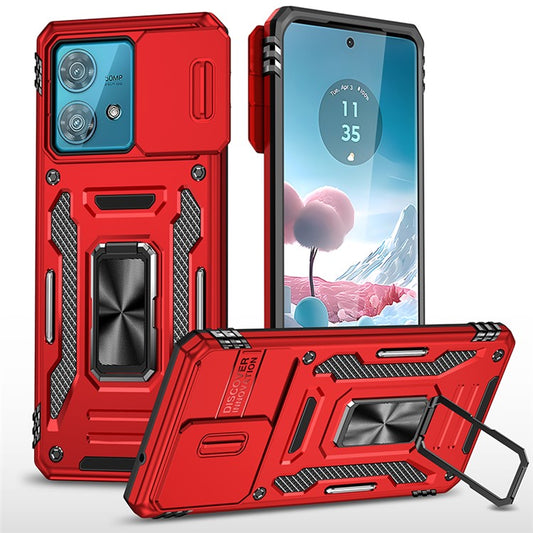 Armor Series For Motorola Edge 40 Neo 5G Case PC+TPU Phone Cover with Kickstand / Lens Shield - Red