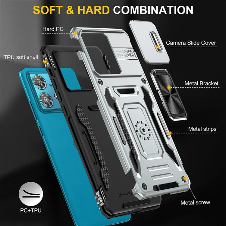 Armor Series For Motorola Edge 40 Neo 5G Case PC+TPU Phone Cover with Kickstand / Lens Shield - Grey