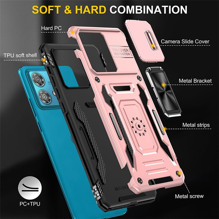 Armor Series For Motorola Edge 40 Neo 5G Case PC+TPU Phone Cover with Kickstand / Lens Shield - Rose Gold