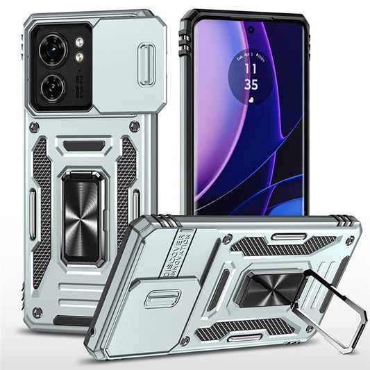 Armor Series For Motorola Edge 40 5G Kickstand Case PC+TPU Phone Cover with Slide Lens Protector - Grey