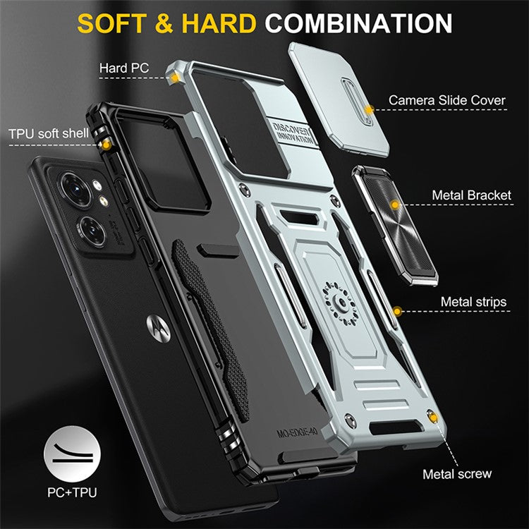 Armor Series For Motorola Edge 40 5G Kickstand Case PC+TPU Phone Cover with Slide Lens Protector - Grey