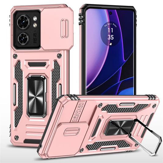 Armor Series For Motorola Edge 40 5G Kickstand Case PC+TPU Phone Cover with Slide Lens Protector - Rose Gold