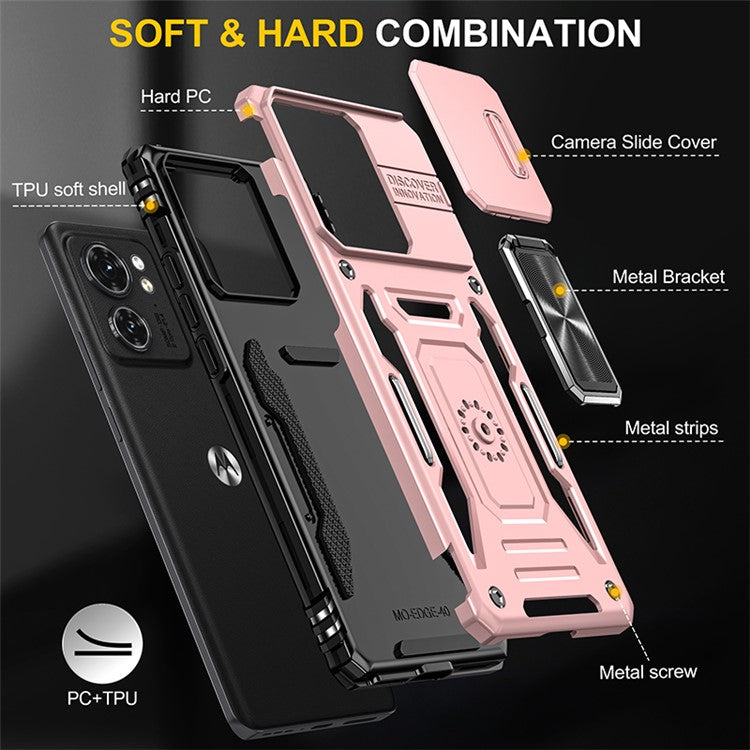 Armor Series For Motorola Edge 40 5G Kickstand Case PC+TPU Phone Cover with Slide Lens Protector - Rose Gold