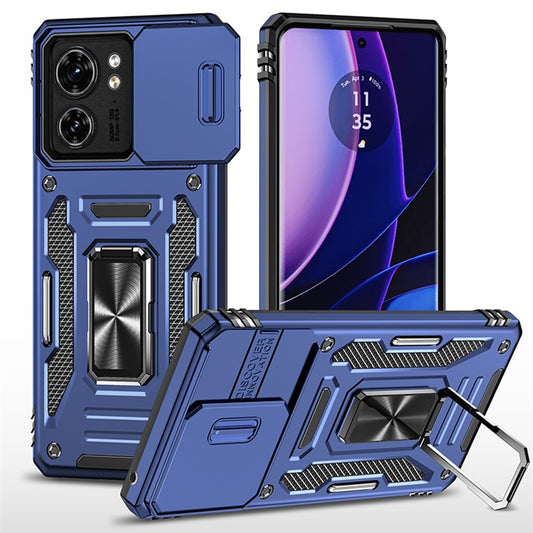 Armor Series For Motorola Edge 40 5G Kickstand Case PC+TPU Phone Cover with Slide Lens Protector - Navy Blue