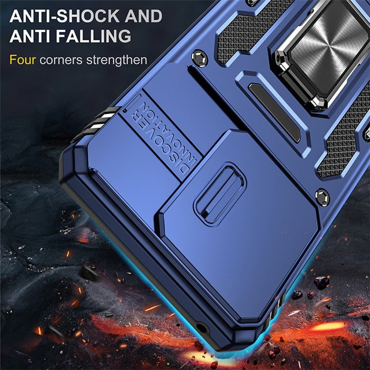 Armor Series For Motorola Edge 40 5G Kickstand Case PC+TPU Phone Cover with Slide Lens Protector - Navy Blue