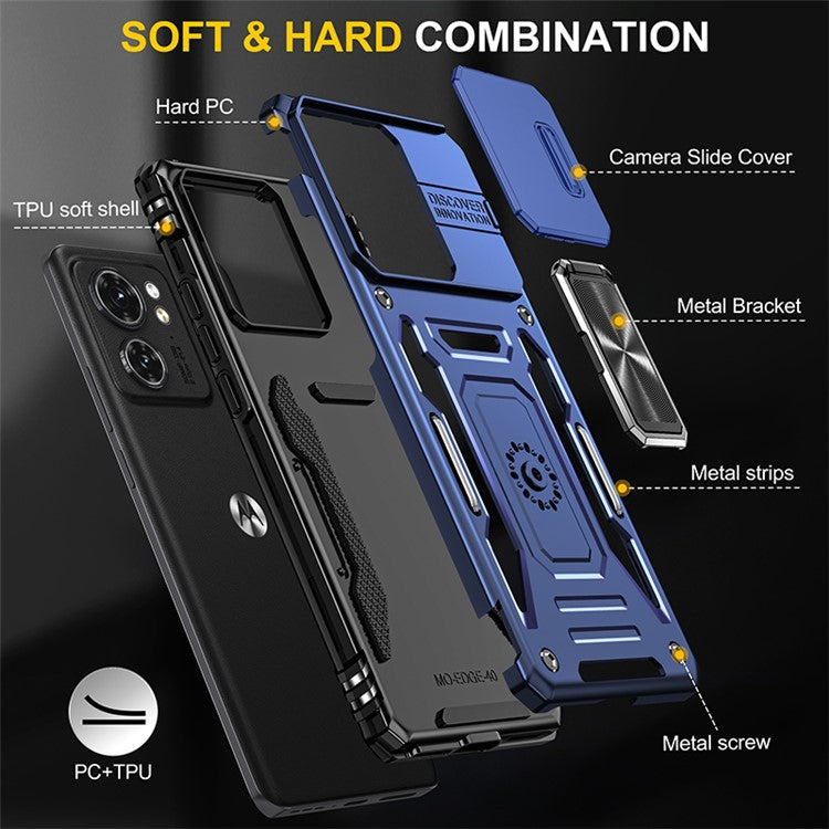 Armor Series For Motorola Edge 40 5G Kickstand Case PC+TPU Phone Cover with Slide Lens Protector - Navy Blue