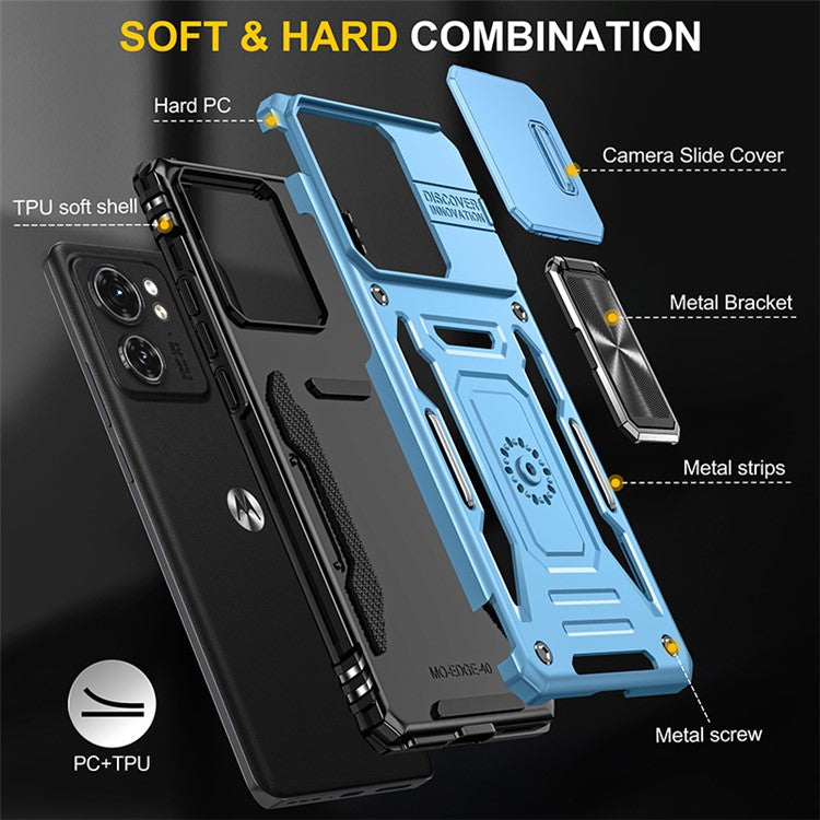 Armor Series For Motorola Edge 40 5G Kickstand Case PC+TPU Phone Cover with Slide Lens Protector - Baby Blue