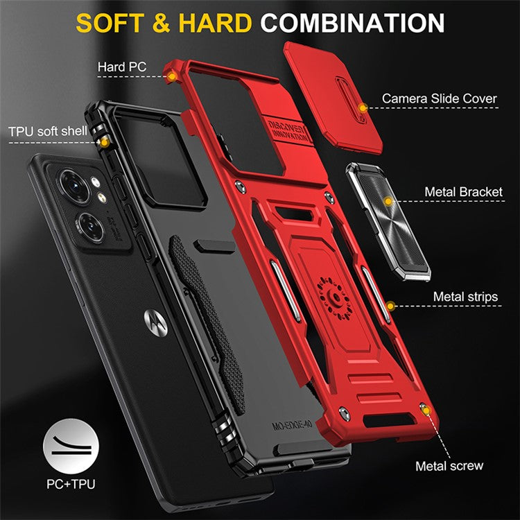 Armor Series For Motorola Edge 40 5G Kickstand Case PC+TPU Phone Cover with Slide Lens Protector - Red