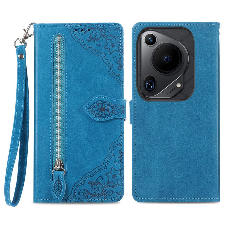 For Huawei Pura 70 Ultra Zipper Wallet Case with Strap Flower Imprint PU Leather Phone Cover - Blue