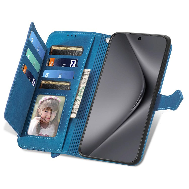For Huawei Pura 70 Ultra Zipper Wallet Case with Strap Flower Imprint PU Leather Phone Cover - Blue