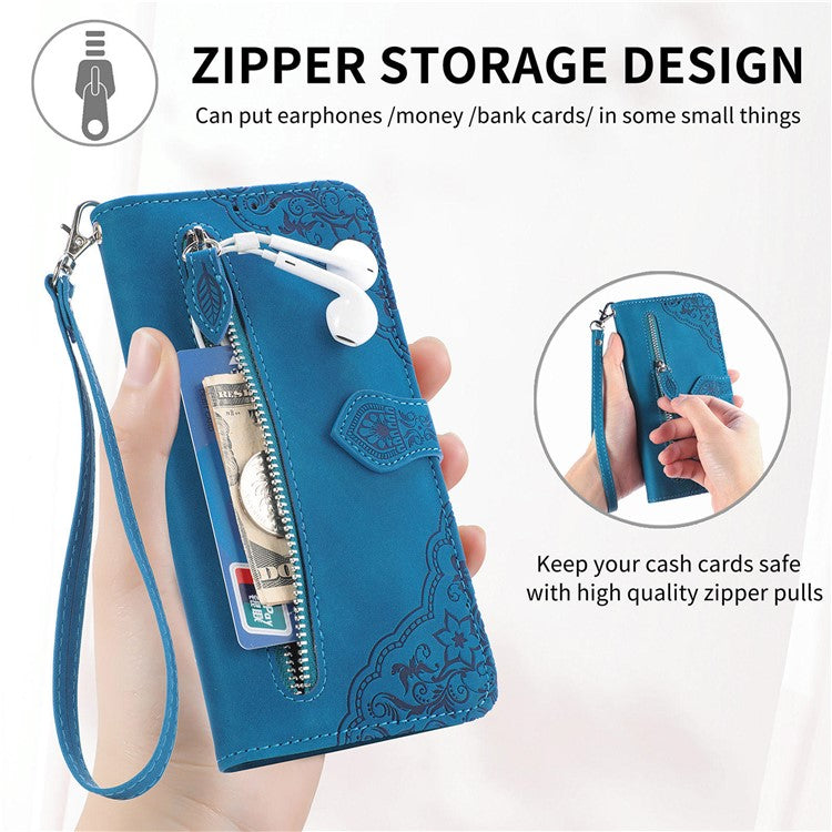 For Huawei Pura 70 Ultra Zipper Wallet Case with Strap Flower Imprint PU Leather Phone Cover - Blue