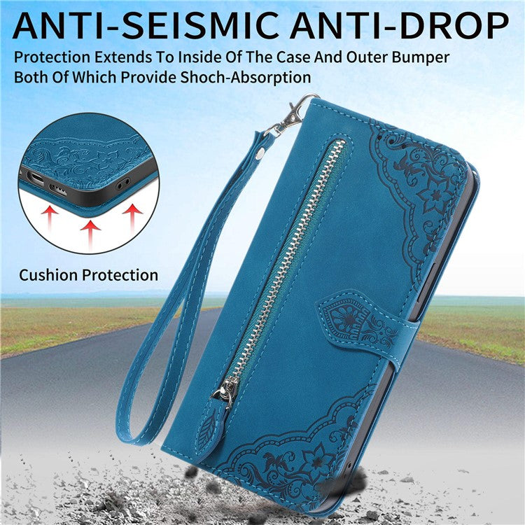 For Huawei Pura 70 Ultra Zipper Wallet Case with Strap Flower Imprint PU Leather Phone Cover - Blue
