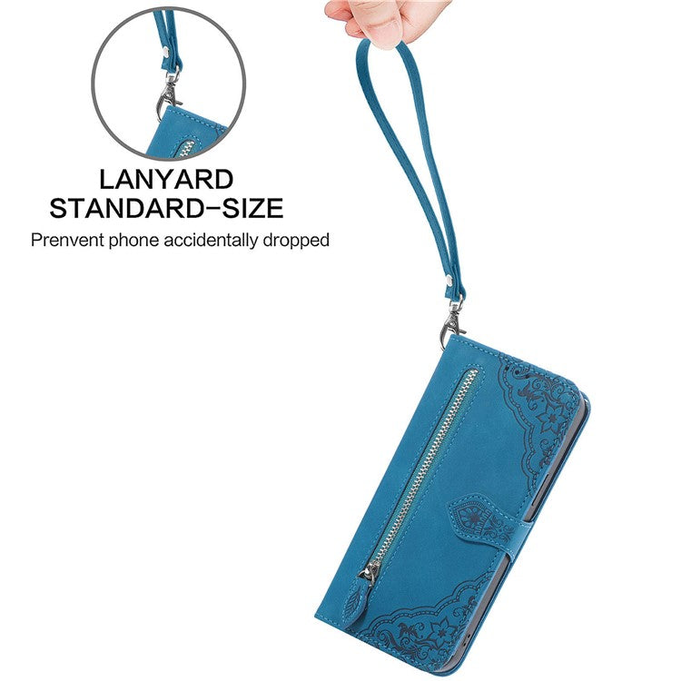 For Huawei Pura 70 Ultra Zipper Wallet Case with Strap Flower Imprint PU Leather Phone Cover - Blue