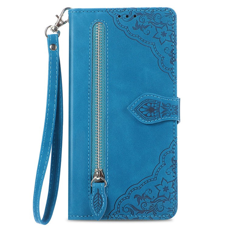For Huawei Pura 70 Ultra Zipper Wallet Case with Strap Flower Imprint PU Leather Phone Cover - Blue