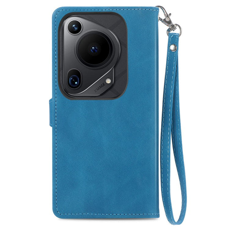 For Huawei Pura 70 Ultra Zipper Wallet Case with Strap Flower Imprint PU Leather Phone Cover - Blue