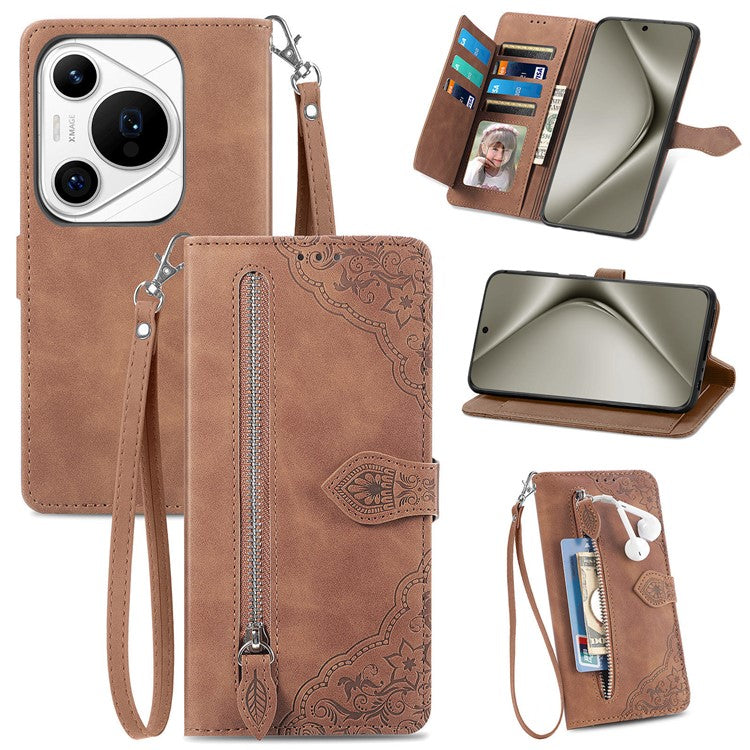 For Huawei Pura 70 Pro / Pura 70 Pro+ Zipper Wallet Case with Strap Flower Imprint PU Leather Phone Cover - Brown