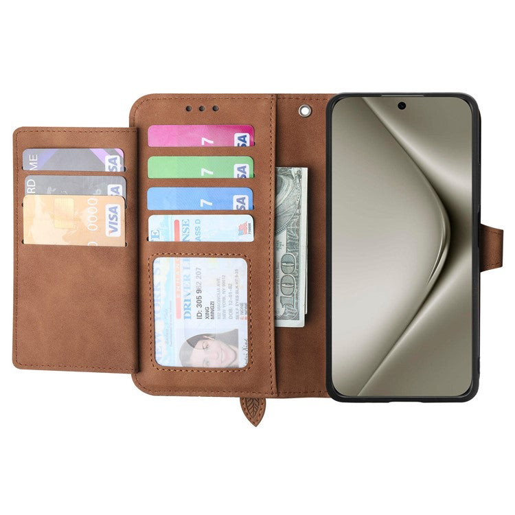 For Huawei Pura 70 Pro / Pura 70 Pro+ Zipper Wallet Case with Strap Flower Imprint PU Leather Phone Cover - Brown