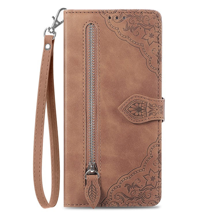 For Huawei Pura 70 Pro / Pura 70 Pro+ Zipper Wallet Case with Strap Flower Imprint PU Leather Phone Cover - Brown