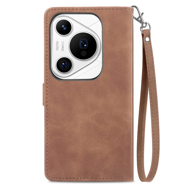 For Huawei Pura 70 Pro / Pura 70 Pro+ Zipper Wallet Case with Strap Flower Imprint PU Leather Phone Cover - Brown