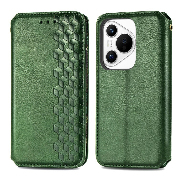 For Huawei Pura 70 PU Leather Case Rhombus Imprint Wallet Stand Phone Cover - Green