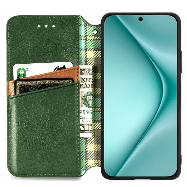 For Huawei Pura 70 PU Leather Case Rhombus Imprint Wallet Stand Phone Cover - Green