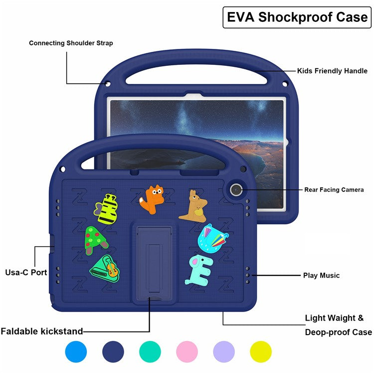 For Samsung Galaxy Tab A9+ Case Cartoon Design EVA+PC Kickstand Tablet Cover with Strap - Navy Blue