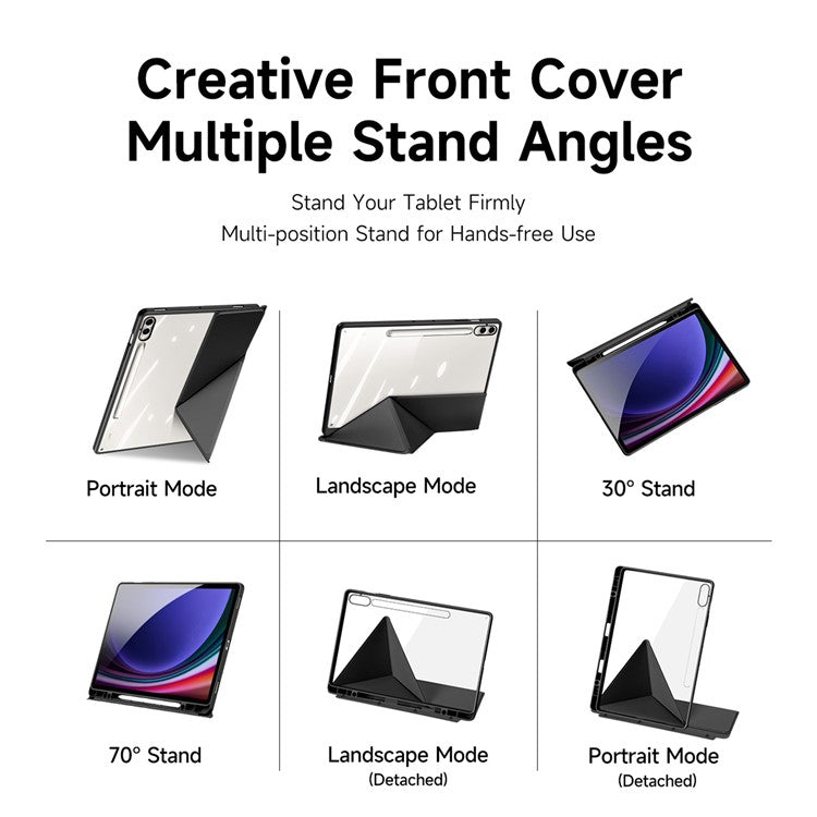 DUX DUCIS Magi Series for Samsung Galaxy Tab S10+ / S9+ / S9 FE+ Case Origami Stand Leather+PC+TPU Clear Back Cover - Black