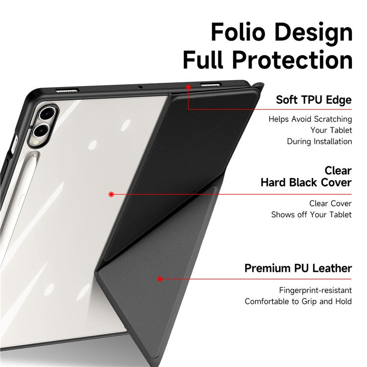 DUX DUCIS Magi Series for Samsung Galaxy Tab S10+ / S9+ / S9 FE+ Case Origami Stand Leather+PC+TPU Clear Back Cover - Black