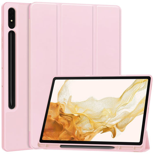 For Samsung Galaxy Tab S10+ Stand Case Shock-Absorbent Leather Tablet Cover with Pen Slot - Pink