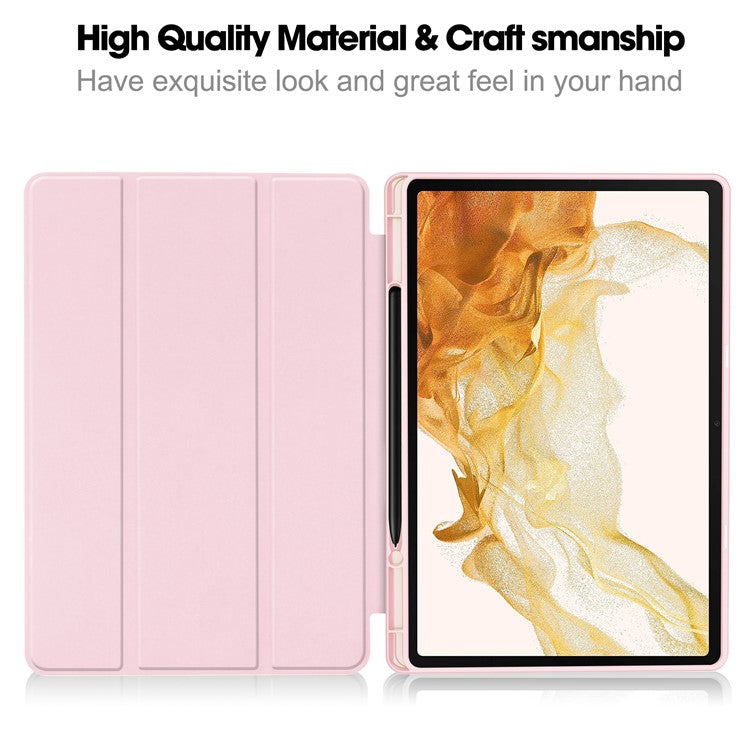 For Samsung Galaxy Tab S10+ Stand Case Shock-Absorbent Leather Tablet Cover with Pen Slot - Pink