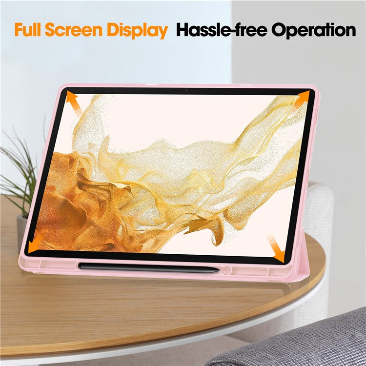 For Samsung Galaxy Tab S10+ Stand Case Shock-Absorbent Leather Tablet Cover with Pen Slot - Pink