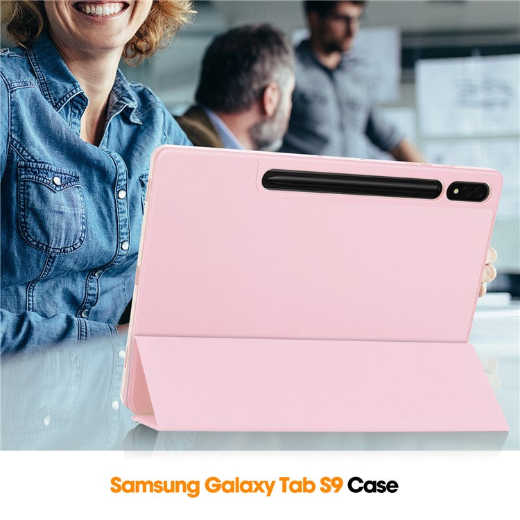 For Samsung Galaxy Tab S10+ Stand Case Shock-Absorbent Leather Tablet Cover with Pen Slot - Pink