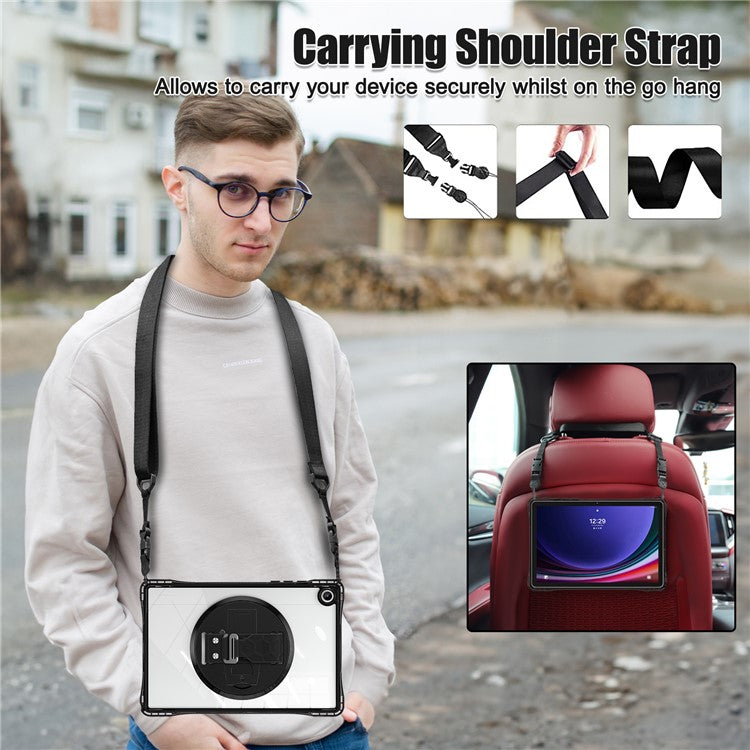 For Samsung Galaxy Tab A9+ SM-X210 / X216 / X218 Kickstand Case Hand Strap PC+TPU+Acrylic Cover with Shoulder Strap - Black